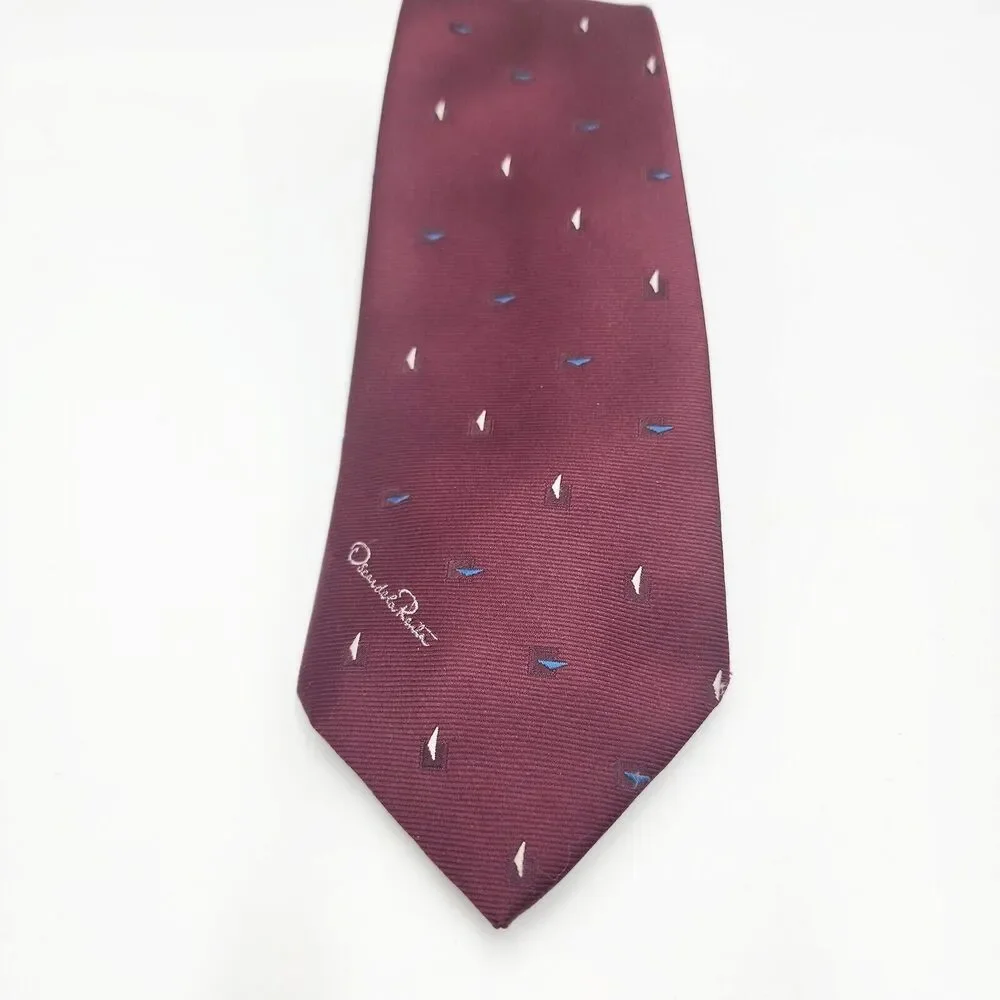 Vintage Oscar de la Renta Couture Tie Maroon Wine Spellout Logo Embroidery 58